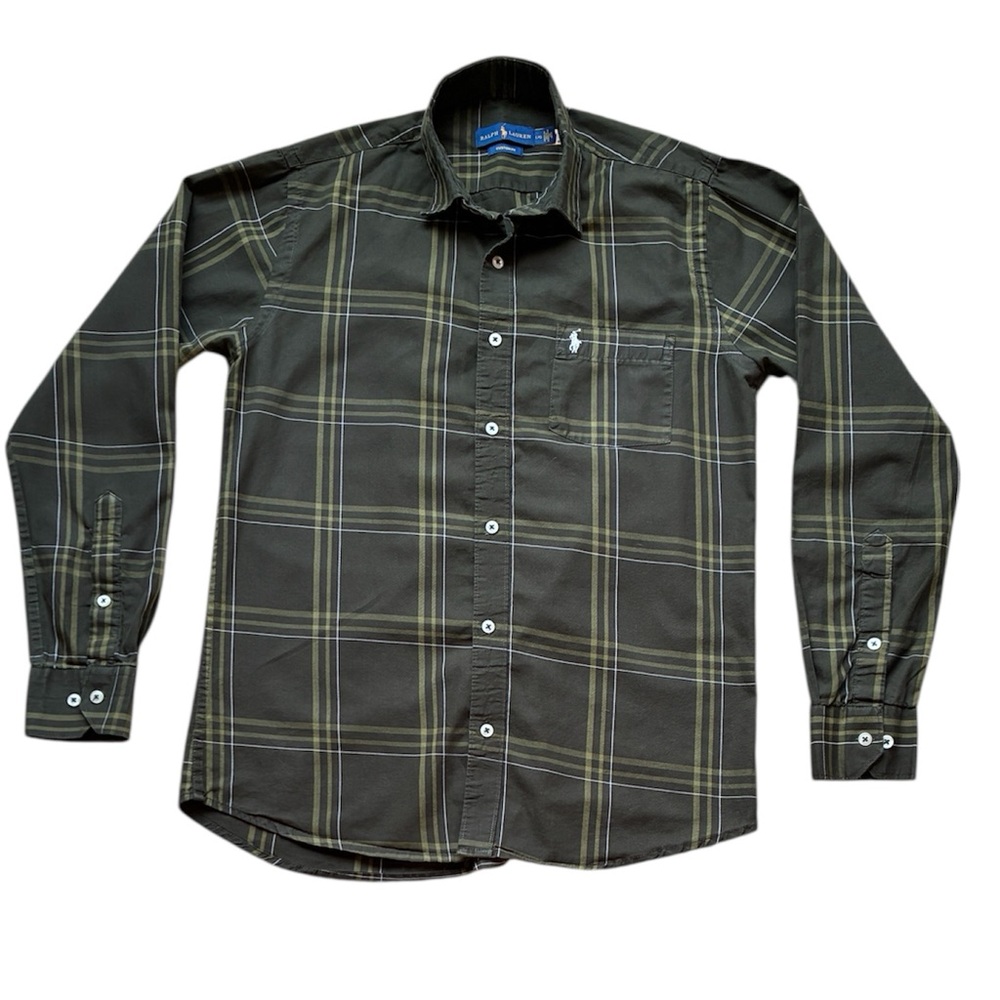 Ralph Lauren Men’s Custom Fit Olive Green Plaid Button Up Shirt Size Large